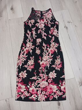 Floral Embroidered Black Dress Panel - Pink & Cream Flowers